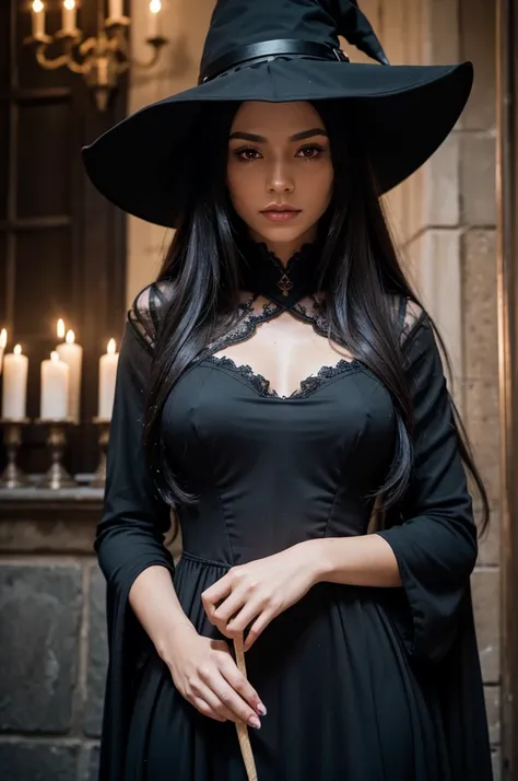 beautiful detail, best quality, 8k, highly detailed face and skin texture, high resolution, beautiful black long hair girl in black long dress with witch hat in gothic town at night, under candle light, sharp focus