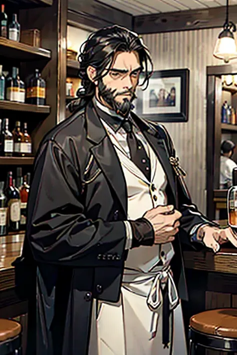 masterpiece , best quality , man , set , black hair , braided hairstyle , gentleman , old man with a beard , at the bar , melanc...