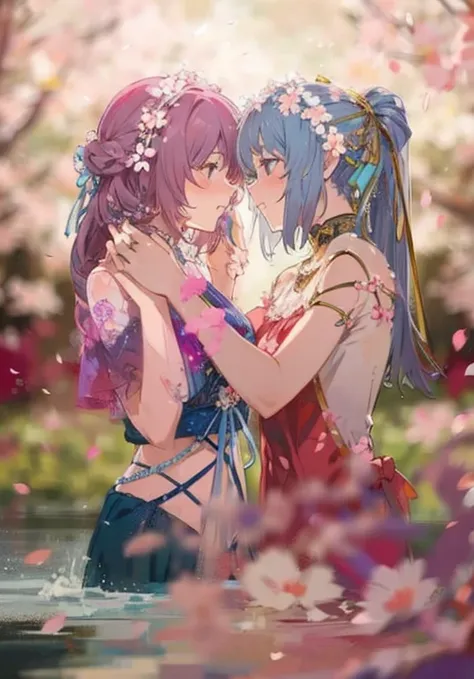 Two women facing each other,dress,cherry blossoms