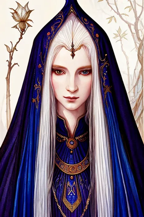 ((best quality)),masterpiece ,detailed, perfect face, painting style, elf, medieval fantasy, White hair, Wizard, Extremely pale skin, Mystic, lady, explorer