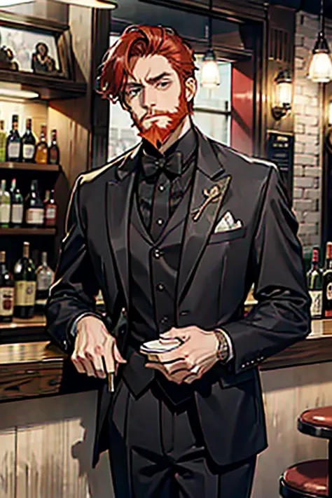 masterpiece , best quality , man , suit , red hair , short hair , gentleman , old man with a beard , at the bar , melancholy exp...