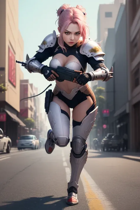 closeup shot, (((masterpiece, best quality, illustration, extremely detailed, 8k, 4k, 2k))), (high res)  A female knsg, ghostsui, wearing white armor, combat armor, holding an electric gun, aimingpistol, and shooting in the street in a futuristic style and...