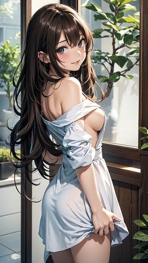 highest quality、4K quality、lean against the wall、Beautiful cleavage、Beautiful Style、tall、Small breasts、Bare buttocks、Small Ass、Shy face、20 year old princess、Bare shouldery skirt is blown up by the wind、ultra detail eye,、Off-the-shoulder summer dress、Grab t...