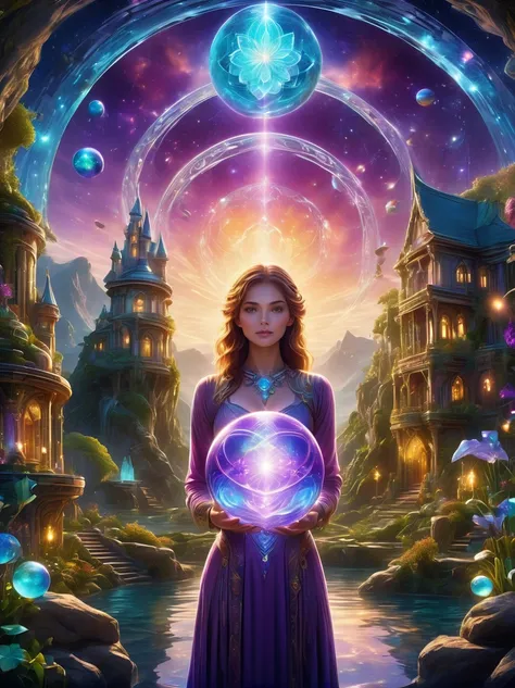 Magical World, (1 Girl trapped in a cosmic vortex nebula:1.5), Rendered with the Cosmic Beach Swirl engine, (Detailed facial features), (Beautiful facial features), Ancient and mysterious castle, Purple Stone, gemstone decoration, glowing plant, Silver Cre...