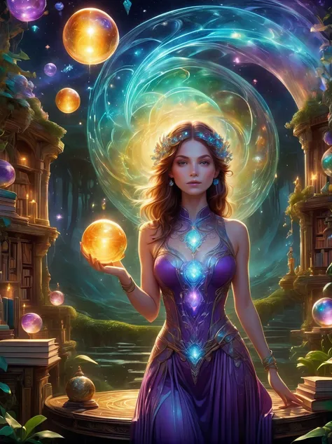 Magical World, (1 Girl trapped in a cosmic vortex nebula:1.5), Rendered with the Cosmic Beach Swirl engine, (Detailed facial features), (Beautiful facial features), Ancient and mysterious castle, Purple Stone, gemstone decoration, glowing plant, Silver Cre...