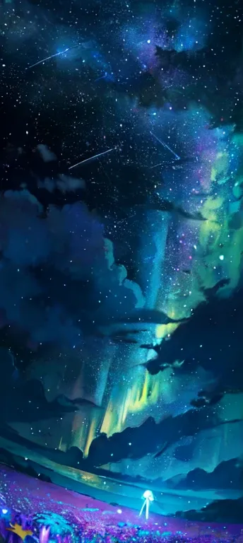 1girl, distant girl, wearing a teal dress armor, with a rainbow colored hair, staring at the stars, (zoomed out:1.1), (meteor shower:1.2), (comet:1.1), low angle, from behind, aurora borealis, shooting star, surrounded by flowers petals, standing in a fiel...