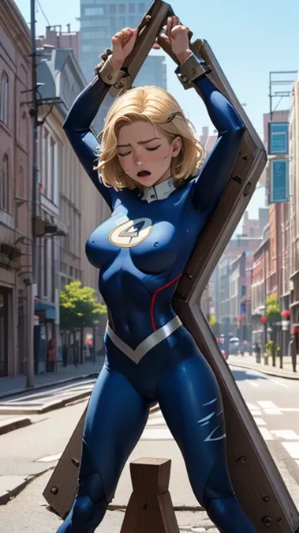 (Highly quality, masterpiece, detailed), city detailed scenario, city detailed background, (x shaped pasting stand), (hands up, spread hands, in stocks pose:1.4), 1girl, Susan Storm, blue eyes, blonde hair, full body blue bodysuit, sleeves, perfect face, b...