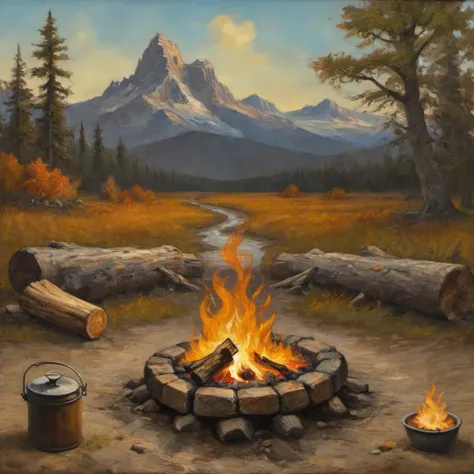 (((diptich))):Wide split-screen oil image of a: [campfire hot] on the left panel and the same aged, worn and damaged [campfire cold] on the right panel, ultra-realistic, depicting a clear contrast between the two states