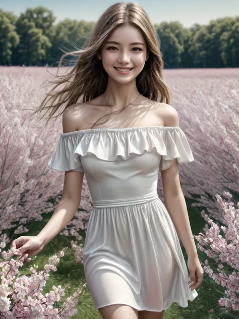 Best quality, masterpiece, ultra high res, (photorealistic:1.4), raw photo, 1girl, white dress, off shoulder, blossom flower field, glowing skin, light smile