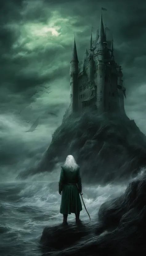 A man wearing an admirals green coat with his face hidden in the shadows of his coat with long white hair and holding a long mage-rod, standing in front of his castle in the middle of the sea during a storm surrounded by many dragons like creatures flying ...