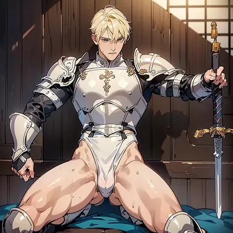 ((A young adult blond male dragoon wearing erotic armored leotard and armor plates rubbing and humping his crotch against his weapon that is positioned in between his legs)), he is breathing heavily and his body is twitching as he rubs the weapon in betwee...