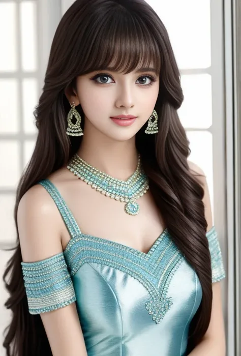 Unparalleled beauty, shiny shiny firm and shiny skin, bangs between eyes, shiny straight beautiful, super long straight silky hair, eyeliner, sexy beautiful innocent 14 years old, high definition big big beautiful bright blue eyes, beautiful and lovely gir...