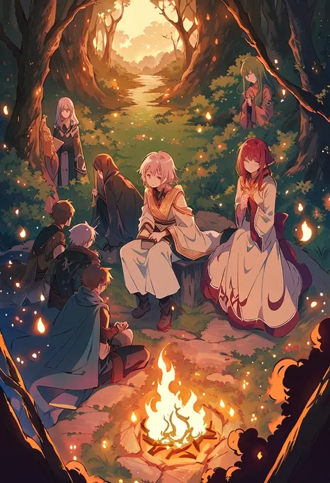 masterpiece, best quality, ultra detailed, ultra high res, 8k, anime illustration, In the depths of a mystical forest, a  of four brave adventurers huddles around a crackling campfire, seeking warmth and respite from the chill of the night. The flames danc...