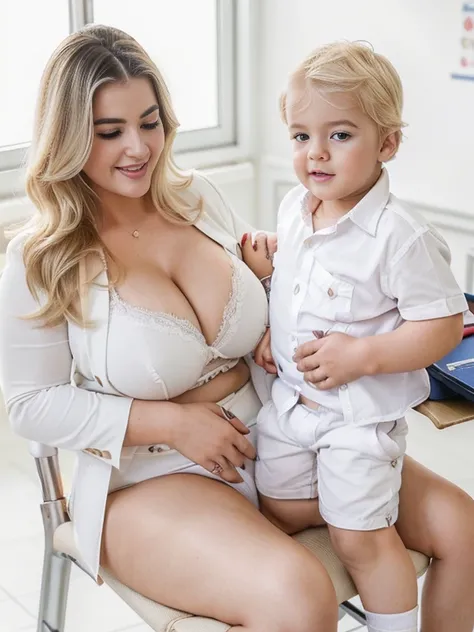 1 female、1 boy、(european:1.2)、(blonde)、(Super beautiful)、(beautiful face:1.5)、(36DD Czech women, 27yo woman, curvy body ,beauty pale skin: 1.3),、(with her son:1.8)、(sit on a chair and spread her legs:1.2)、(showing white panties:1.2)、gray blazer、(short skir...