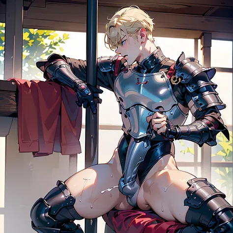 ((A young adult blond male dragoon wearing erotic armored leotard and armor plates rubbing and humping his crotch against pole that is positioned in between his legs)), he is breathing heavily and his body is twitching as he rubs the weapon in between his ...