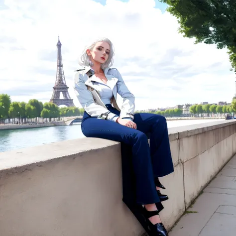 ((( The background sky is blue sky and white clouds )))A 25-year-old blonde woman wearing an open brown trench coat, a white blouse, blue jean pants, white hair, posing under the (Eiffel tower:0.9), Ultrarealistic photo, 4k