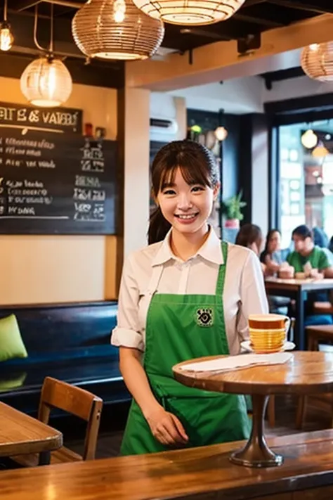 In the vibrant atmosphere of the cafe、One waitress stands out。She is busy、He clearly finds joy in his work.。Handle customer orders efficiently、Sometimes with a bit of light humor、It makes the atmosphere more relaxed.。Her presence、カフェFor、people visiting々For...