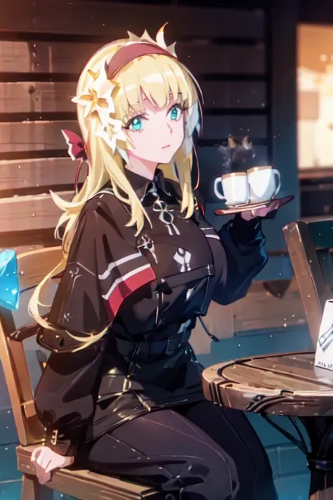 Girl sitting on chair outside coffee shop, (Big coffee shop:1.4),  (Wooden chair:1.4), (table:1.4), Drinking coffee, (Coffee Mugs:1.4), Thick body, (Long blonde hair:1.4), Green Eyes, High resolution (High Dynamic Range), Ray Tracing, NVIDIA, Super Resolut...