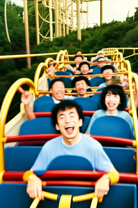 While riding a moving roller coaster　Several Japanese men and women in their 80s wearing gold dentures　photograph