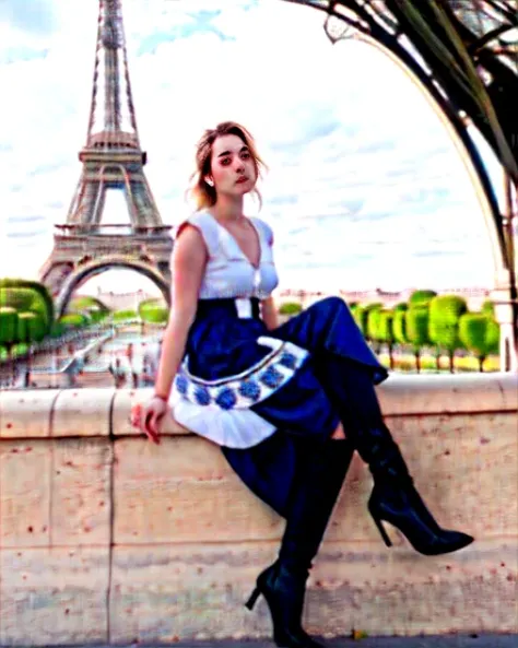  The sky in the background is a good weather with blue sky and white clouds.A beautiful woman sitting on the wall near the Eiffel Tower,The face is delicate, beautiful and aristocratic. in Paris, french girl, Eiffel Tower view, 30 year old French woman, In...