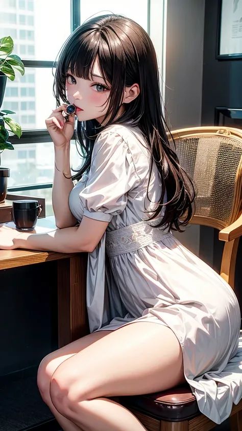 highest quality、4K quality、Sit on a chair、Woman in a dress sucking a penis、Shooting from the side