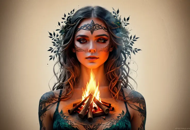 double exposure beltane campfire, sketch with ink. a beautiful woman in an ancient celtic against the background of folk irish n...