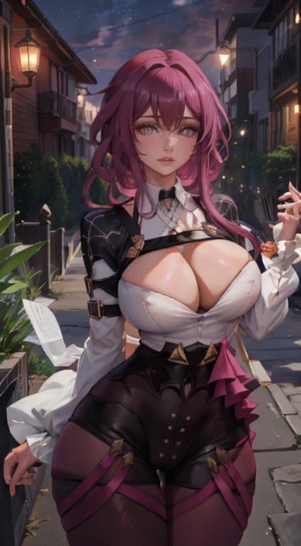 Kafka honkai star rail fair skin light skin female long hair looking at the viewer purple eyes thick thighs wide hips long hair blush bracelet large breasts detailed purple eyes cleavage mouth completely closed Eyebrows visible from the inside Big breasts ...