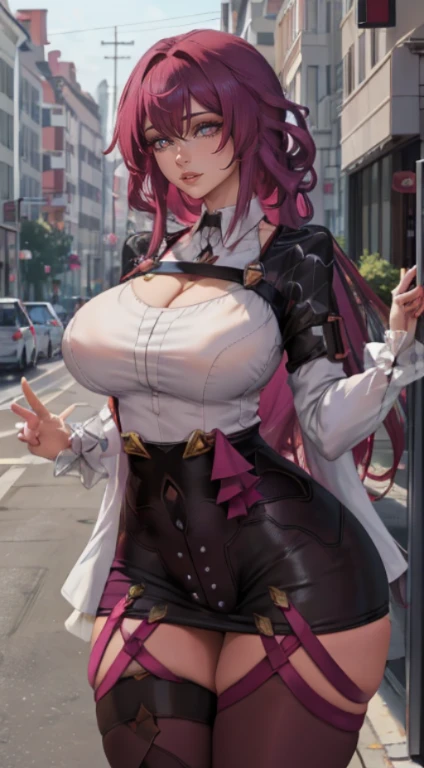 Kafka honkai star rail fair skin light skin female long hair looking at the viewer purple eyes thick thighs wide hips long hair blush bracelet large breasts detailed purple eyes cleavage mouth completely closed Eyebrows visible from the inside Big breasts ...