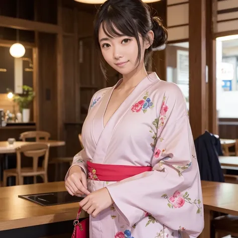 Small breasts、((Nipples:0.2)) Wear a Japan kimono、Knee３０㎝、In the vibrant atmosphere of the cafe、One waitress stands out。She is busy、He clearly finds joy in his work.。Handle customer orders efficiently、Sometimes with a bit of light humor、It makes the atmosp...