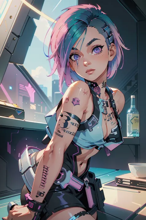 (masterpiece:1.2),(best quality:1.2),(high resolution:1.2)
 cyber judy, 1 woman, alone, asymmetric hair, pink hair, a blue color...