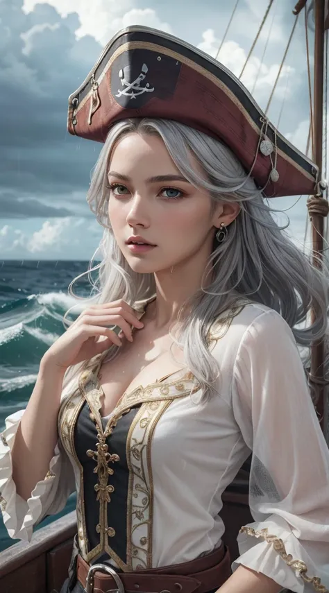 (masterpiece, best quality, award winning, highres), 1 beautiful female pirate, skinny, tall, pirate hat, intricate pirate clothes, intricate and beautiful design, highly detailed beautiful face, silver hair, medium hair, on pirate ship, storm, rain, rough...