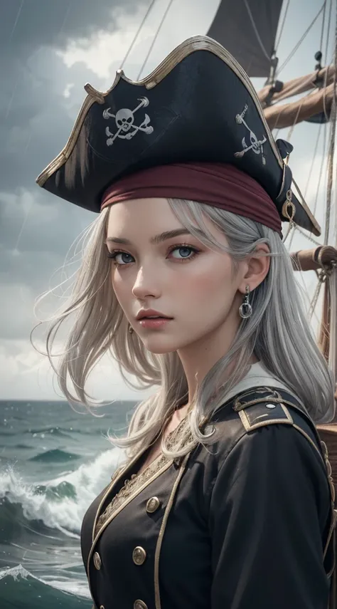 (masterpiece, best quality, award winning, highres), 1 beautiful female pirate, skinny, tall, pirate hat, intricate pirate clothes, intricate and beautiful design, highly detailed beautiful face, silver hair, medium hair, on pirate ship, storm, rain, rough...