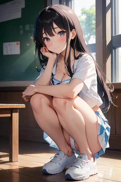 (chichidashi:1.0),1 girl,(Paizuri:1.4),Upper Body,nude,penis, Anime girl sitting at desk in classroom with blackboard, beautifulアニメのhigh school girl, cuteアニメの女の子, White pantiesー,cute, Enchanting anime girl, Anime Moe Art Style, Squatbeautifulアニメの女の子, anime...