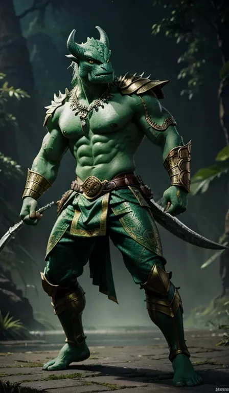 Illustrate a full body of a dragonborn mythological with vibrant green scales, a richly decorated head, super strongest, with kung fu pants,RPG, in the style of impressionism, with a textured, oil-painted finish, under bright, morning light, set against th...