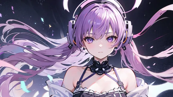 purple hair, purple eyes, 1girl,masterpiece,best quality, wearing headphones, closed mouth, Averted Gaze, Half-Body Shot