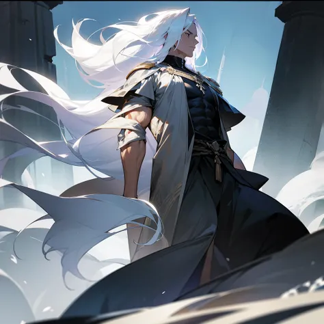 A majestic silhouette of a tall muscular man, white hair, long hair, pale skin, ancient black clothing, only one man.