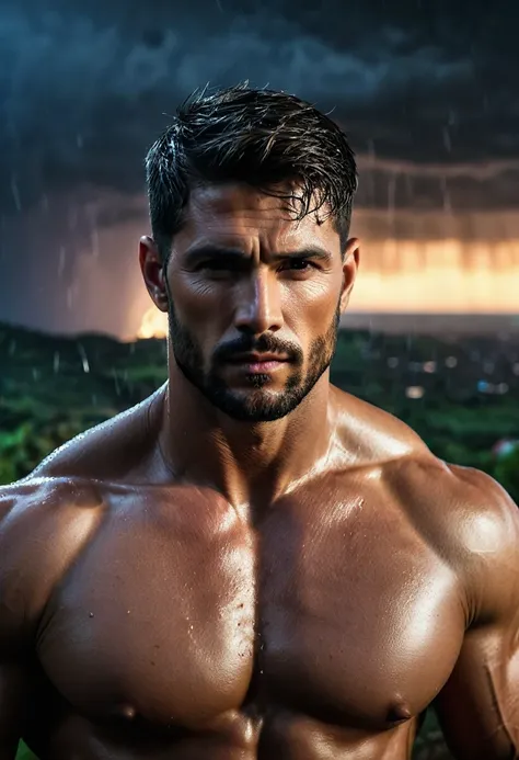 realista:1.3,( fotorrealista, 8K, Fotos CRUDAS, Calidad premium, obra maestra, epic lighting. de cerca, Imagen centrada), (primer plano),((1 handsome man self-confident well-formed muscles, post apocalyptic, guerrero, Rostro y cuerpo perfectamente detallad...