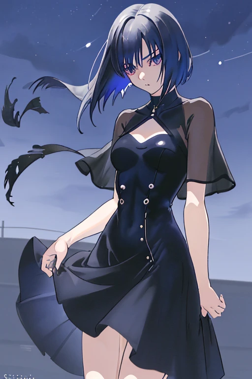 Female 17 years old, Rubia, ((pelo corto)), ((ojos Azules)), vestido negro ajustado al.cuerpo, escote pronunciado, zapatos negros de.heeled, ne noche piso humedo, de oie, (cuerpo entero) ((estilo  Makoto Shinkai))