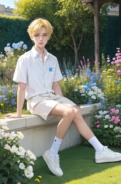 Young male golden blonde hair, ojos azules, bata blanca, tenis blancos, garden background