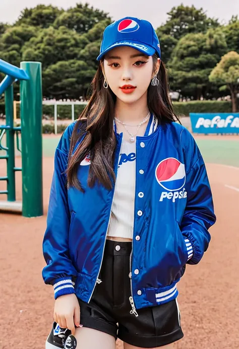 araffe wearing a pepsi jacket and a baseball cap standing in front of a playground, pepsi, she is wearing streetwear, soda theme...