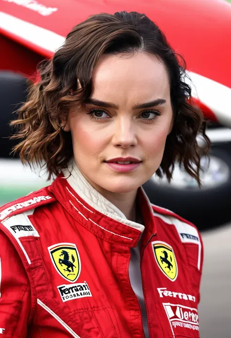 Daisy Ridley as a Ferrari Formula 1 driver , usando um uniforme de piloto vermelho da Ferrari, looking at the camera,com um olhar misterioso, cabelo muito curto bem desarrumado e suado, estilo Midjourney 