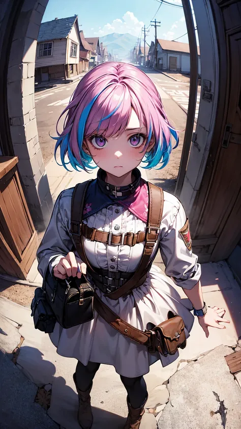 (masterpiece, best quality), (colorful:1.4), from above, solo, 1girl standing in a desolate ghost town with eerie silence and a bag of cursed artifacts, depth of field, fisheye lens