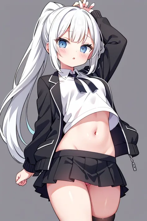 girl、、ponytail、mini skirt、White shirt、black jacket、belly button、Leg spread、Pussy