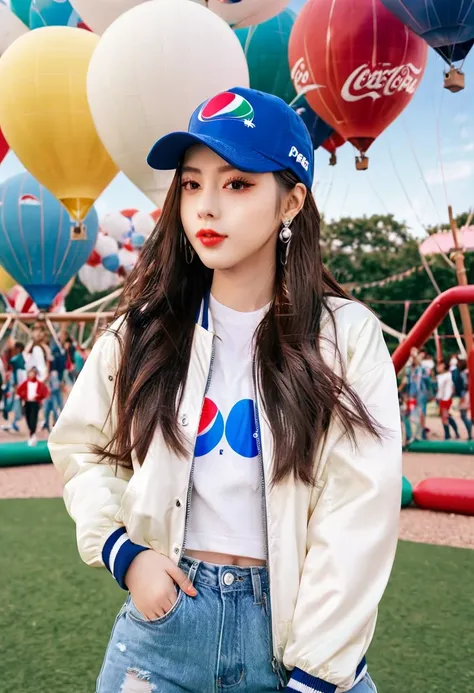 Araffe wears a white Pepsi jacket and baseball cap standing in front of a playground filled with lots of hot air balloons, Pepsi, she wears streetwear, jeans, soda themed girl, Krystal, Ulzzang, Bae Suzy, Lalisa Manobal, bomber jacket, jacket, Dilraba Dilm...