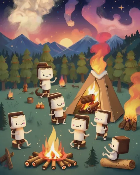 A vibrant, animated scene set in a camping ground under a star-studded night sky. In the middle of the site, there is a glowing bonfire with logs sitting in a stack nearby. Dancing around this fire are adorable little characters that greatly resemble smore...