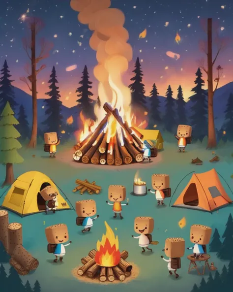 A vibrant, animated scene set in a camping ground under a star-studded night sky. In the middle of the site, there is a glowing bonfire with logs sitting in a stack nearby. Dancing around this fire are adorable little characters that greatly resemble smore...