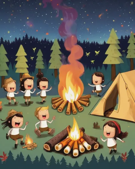 A vibrant, animated scene set in a camping ground under a star-studded night sky. In the middle of the site, there is a glowing bonfire with logs sitting in a stack nearby. Dancing around this fire are adorable little characters that greatly resemble smore...