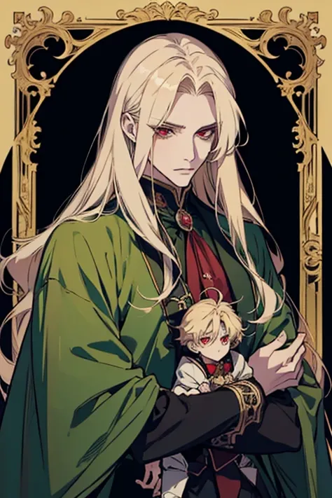 Anime, man with long blond hair and green coat, Alucard, Castelvania, beautiful androgynous prince, magical blond prince, gentle androgynous prince, handsome мужчина-a vampire, casimir art, Anime handsome man, key Anime art, a vampire, fin, johan liebert m...