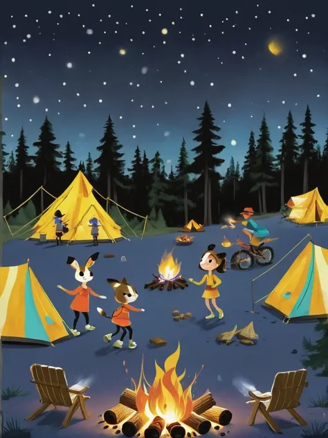 A vibrant, animated scene set in a camping ground under a star-studded night sky. In the middle of the site, there is a glowing bonfire with logs sitting in a stack nearby. Dancing around this fire are adorable little characters that greatly resemble smore...