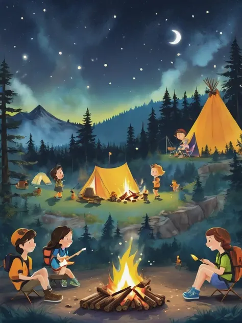 A vibrant, animated scene set in a camping ground under a star-studded night sky. In the middle of the site, there is a glowing bonfire with logs sitting in a stack nearby. Dancing around this fire are adorable little characters that greatly resemble smore...